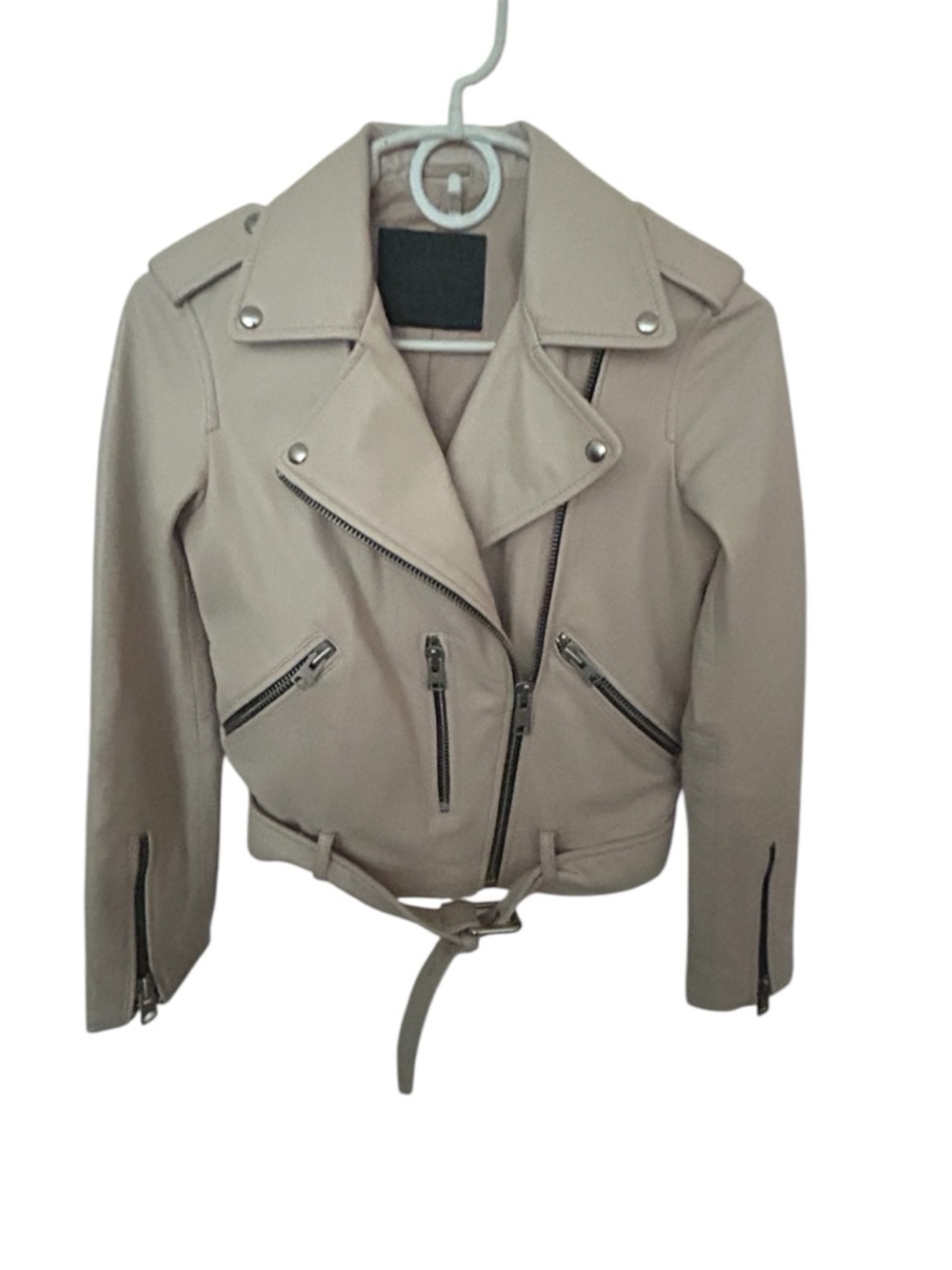 All Saints Balfern Cream Blush Leather Moto Jacket with Belted Waist Orig:$619